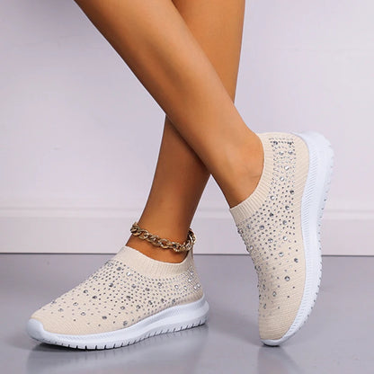 Women's Slip-On Sneakers - Knit Fabric - Rhinestone Embellished - Lightweight Sole