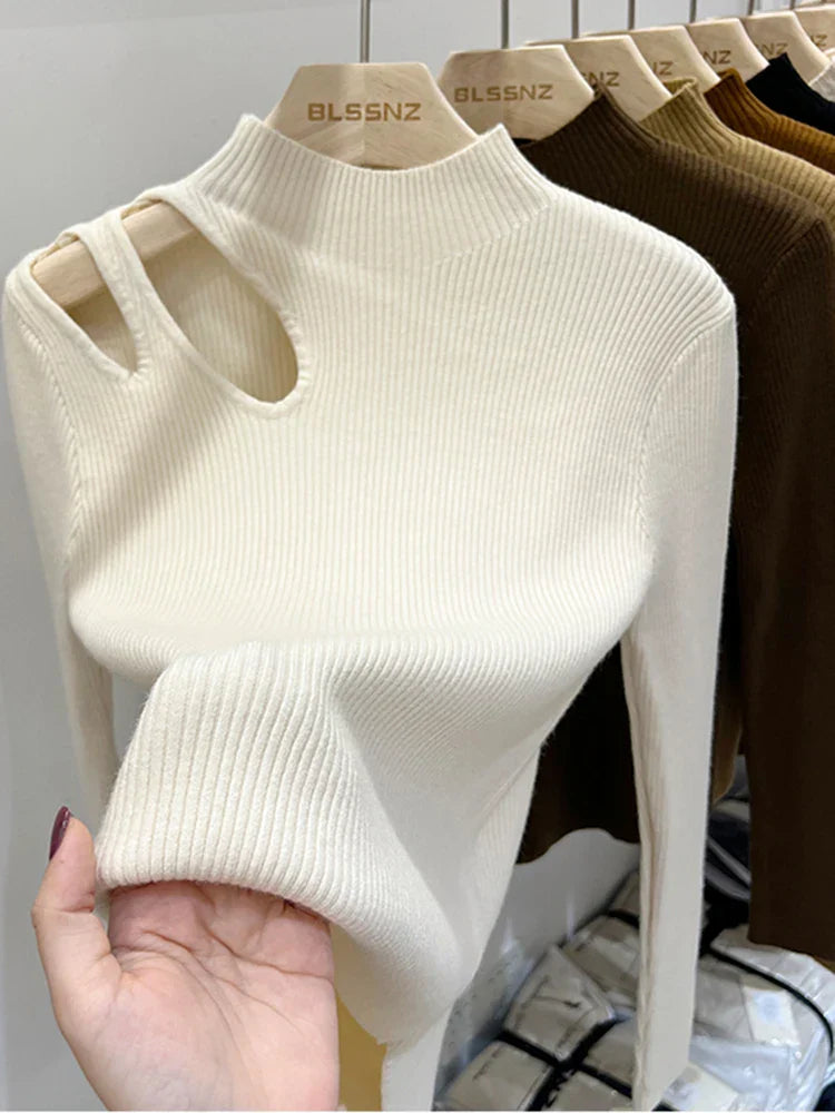 Women's half turtleneck hollow knitted top