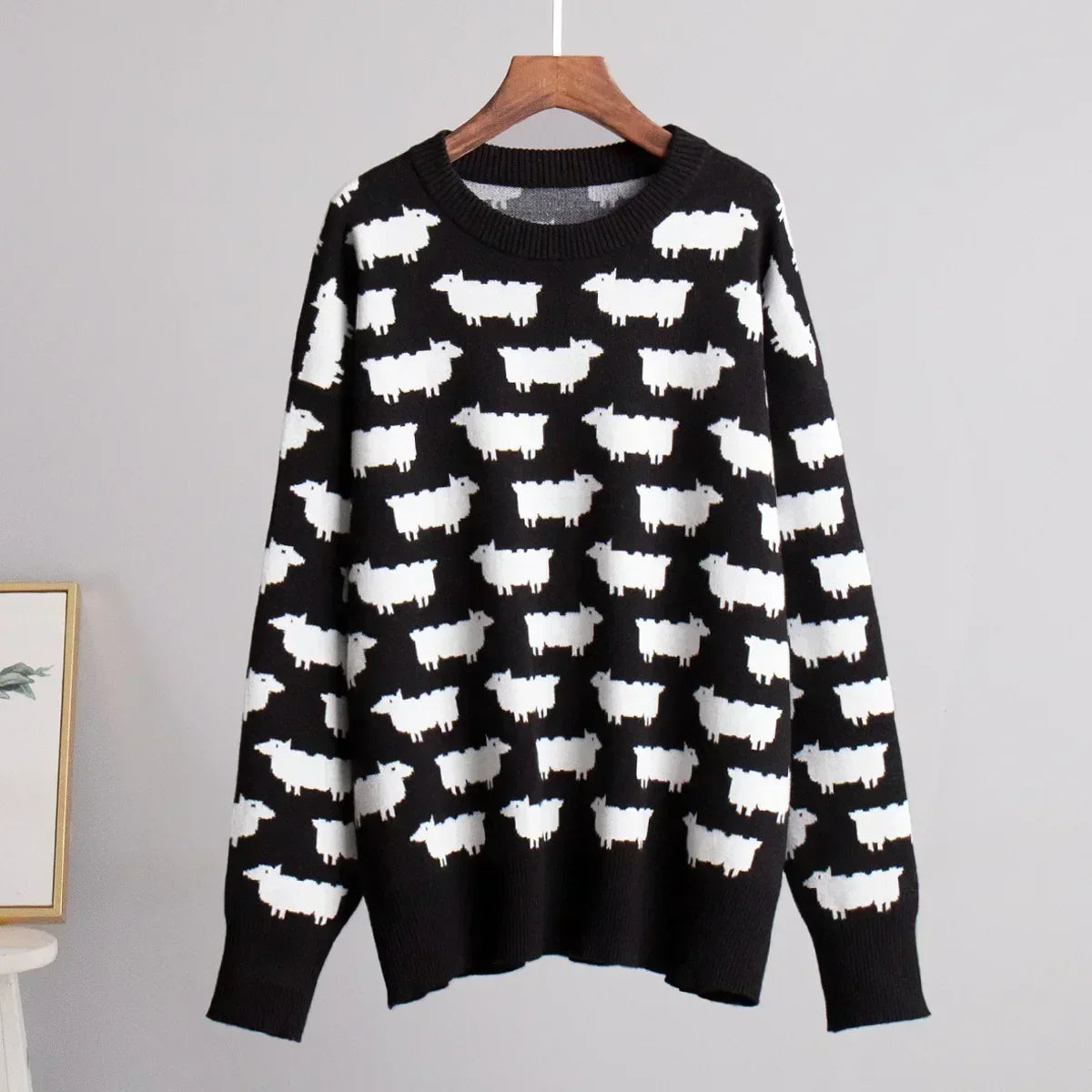 Women's Knit Sweater - Crew Neck - Relaxed Fit - Sheep Pattern Casual Pullover