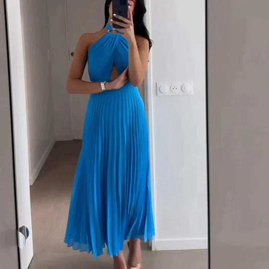 Pleated Halter Neck Mid-Calf Dress