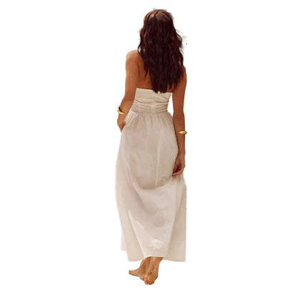 Women's halter neck backless dress with A-line midi skirt