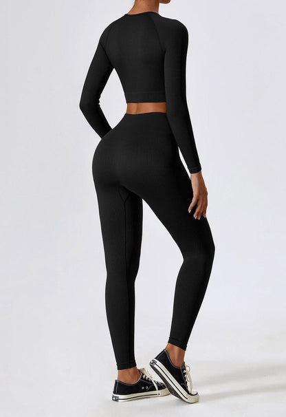 Women's Ribbed Knit Two-Piece Set - Long Sleeve Crop Top & High-Waisted Leggings