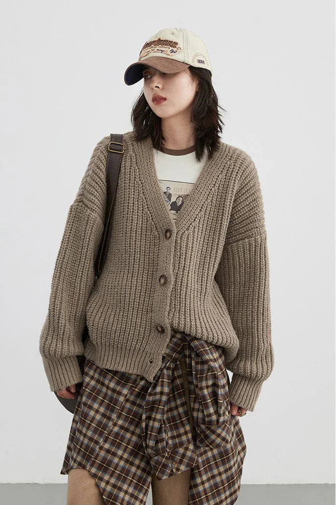 Women’s Knit Cardigan – Chunky Ribbed – Oversized Fit – Button Front – V-Neck