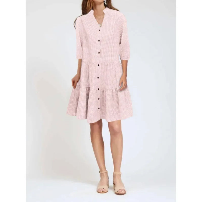 Women’s Dress – Fit and Flare – Cotton Blend – Button Front – Tiered – Knee Length – 3/4 Sleeve