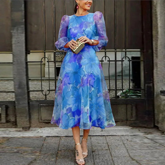 Floral Print Sheer Sleeve Midi Dress