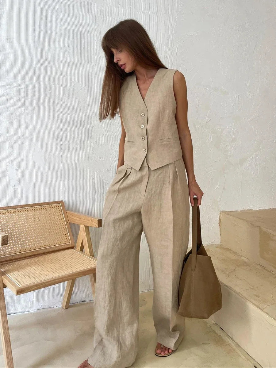 Women's Two-Piece Suit - Sleeveless Fitted Vest & High-Waisted Wide-Leg Trousers
