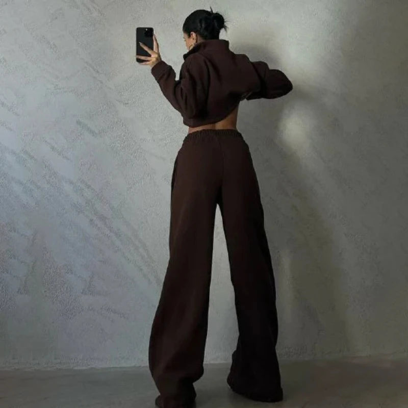 Women's casual round neck zip sweatshirt pants suit set