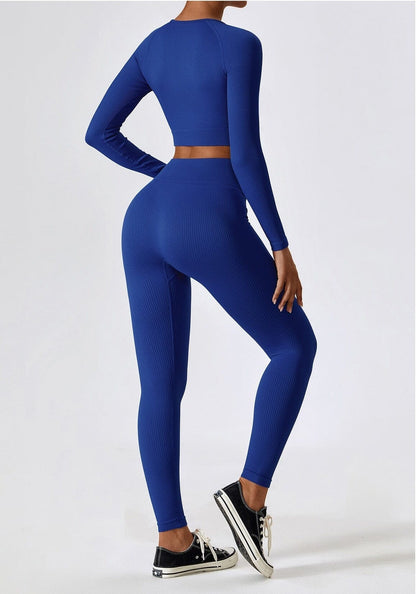 Women's Ribbed Knit Two-Piece Set - Long Sleeve Crop Top & High-Waisted Leggings