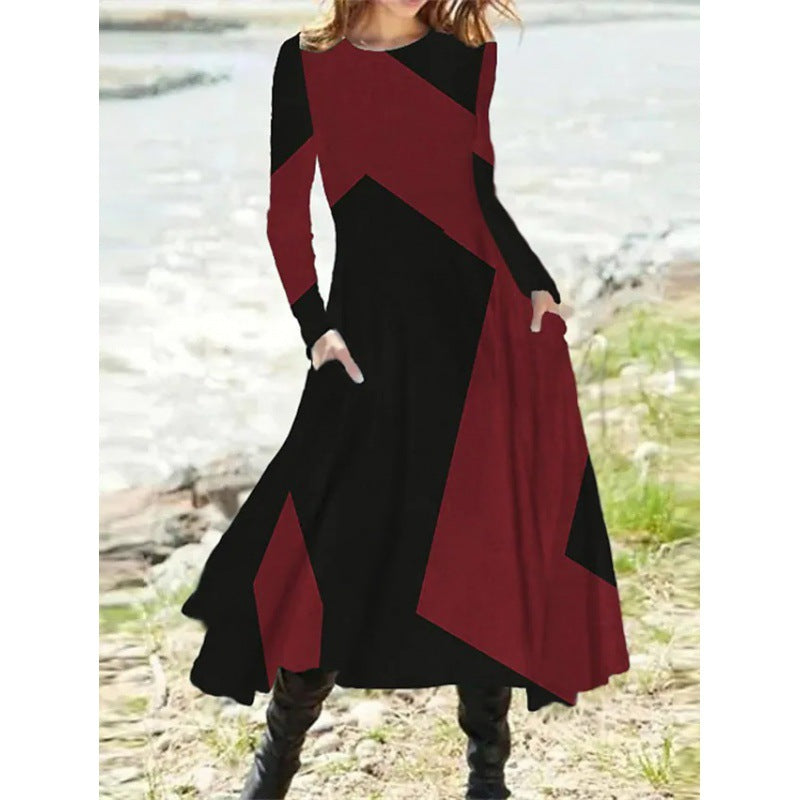 Women's Long-Sleeve A-Line Dress - Asymmetrical Patchwork - Round Neck - With Pockets