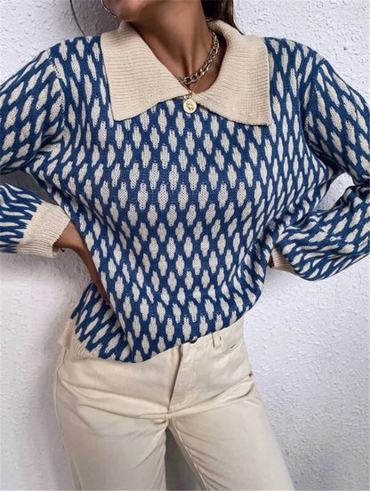 Women's vintage oversized knitwear plaid collar sweater