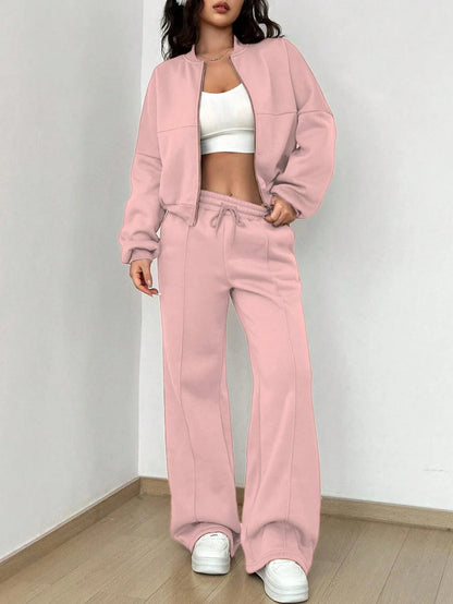 Women's casual zipper bomber jacket and wide leg pants set