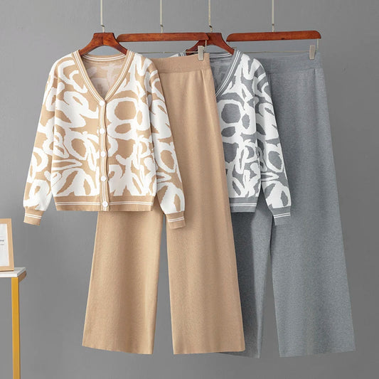 Leopard Print Knitted Cardigan Wide-Leg Pants Set