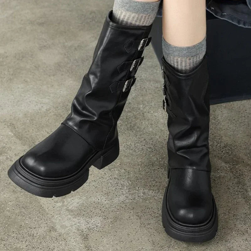 Retro chunky heel biker boots for women with buckle detailing
