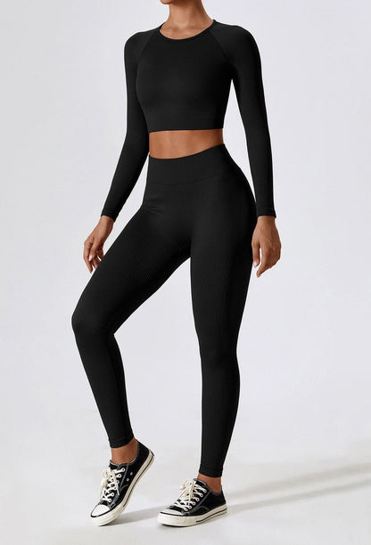 Women's Ribbed Knit Two-Piece Set - Long Sleeve Crop Top & High-Waisted Leggings