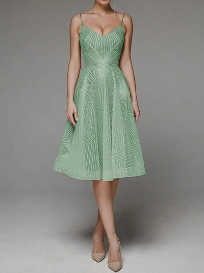 Women's A-Line Dress - Sleeveless Spaghetti Strap - V-Neck Knee-Length Elegant Wear