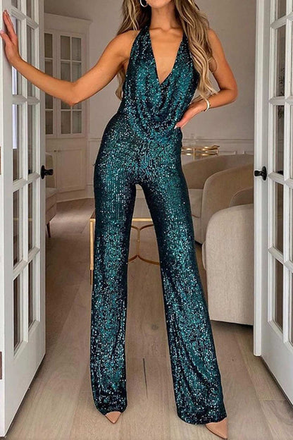 Women's Jumpsuit - Sequin Halter Neck - Backless Wide-Leg Elegant Evening Wear