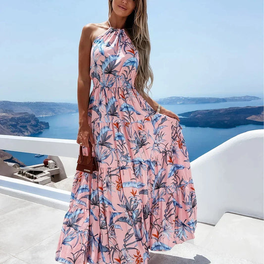 Tropical Print Halter Neck Flowy Maxi Dress