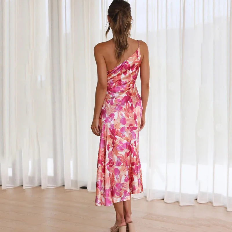 Women’s Midi Dress – Slim Fit – Satin Finish – One-Shoulder – Draped Elegant Style