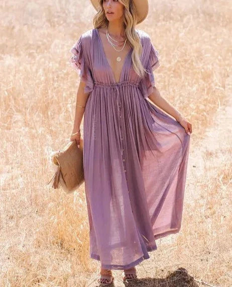Women's Maxi Dress - Button Down - Adjustable Waist - Ruffled Sleeves - V-Neck