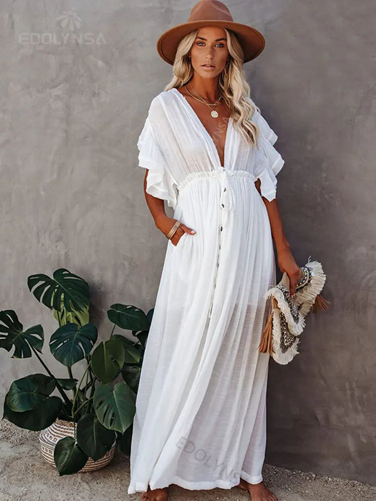 Women's Maxi Dress - Button Down - Adjustable Waist - Ruffled Sleeves - V-Neck
