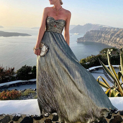 Women's Off-Shoulder Pleated Summer Party Dress Elegant Casual Dress