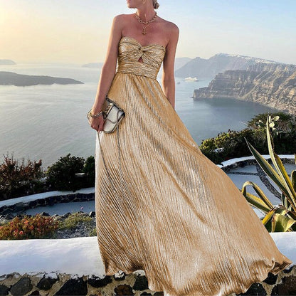 Women's Off-Shoulder Pleated Summer Party Dress Elegant Casual Dress