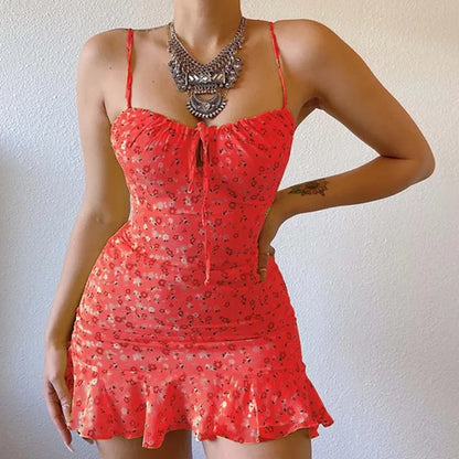 Women's Mini Dress - Floral Print - Spaghetti Strap - Ruched Bust - Ruffle Hem