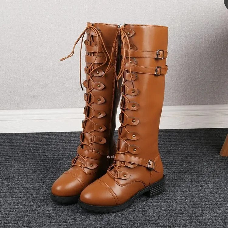 Women's retro buckle boots with lace