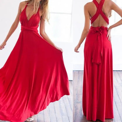 Women’s Maxi Dress – Halter Neck – Plunging V-Neck – Open Back – Floor Length Elegant Fit