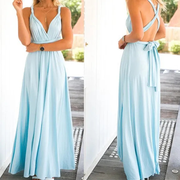 Women’s Maxi Dress – Halter Neck – Plunging V-Neck – Open Back – Floor Length Elegant Fit