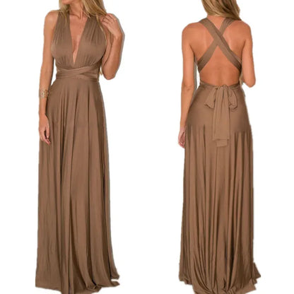 Women’s Maxi Dress – Halter Neck – Plunging V-Neck – Open Back – Floor Length Elegant Fit