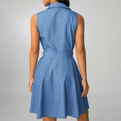 Women's Sleeveless Shirt Dress - Button Down - Ruched Bodice - Waist Tie A-Line Fit