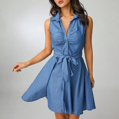 Women's Sleeveless Shirt Dress - Button Down - Ruched Bodice - Waist Tie A-Line Fit
