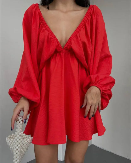 Women's Mini Dress - Deep V-Neck Ruched Front - Long Bishop Sleeves - Belted Waist