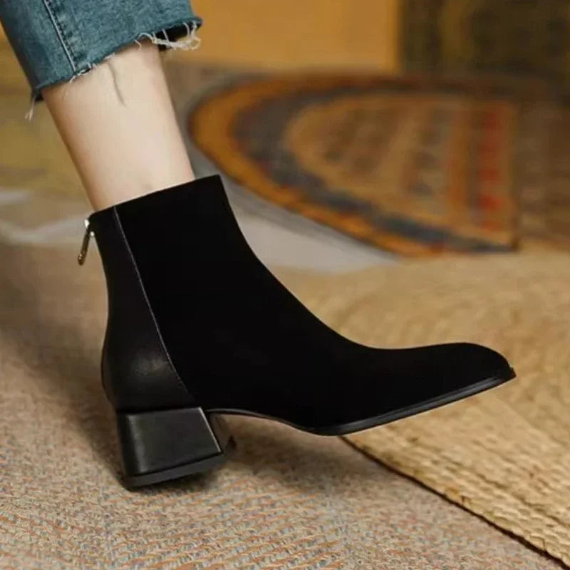 Chunky Heel Platform Square-Toe Ankle Boots