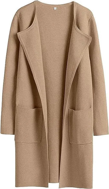 Women’s Long Coat - Wool Blend - Tailored Fit - Open Front with Notched Lapels