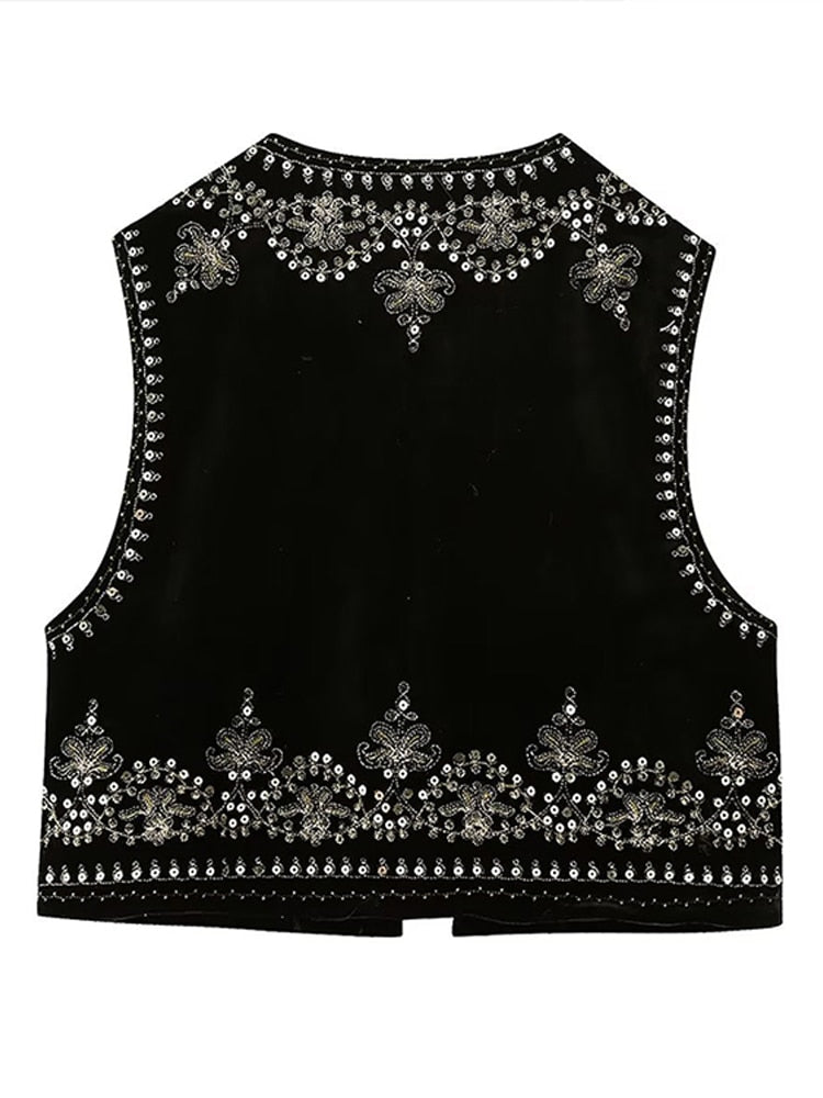 Women's black embroidered vest with sequins