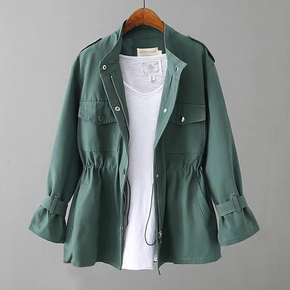 Solid color drawstring waist jacket for women with high collar