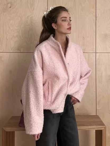 Women’s Jacket - Bouclé Knit - Cropped Length - Collarless - Snap Closure
