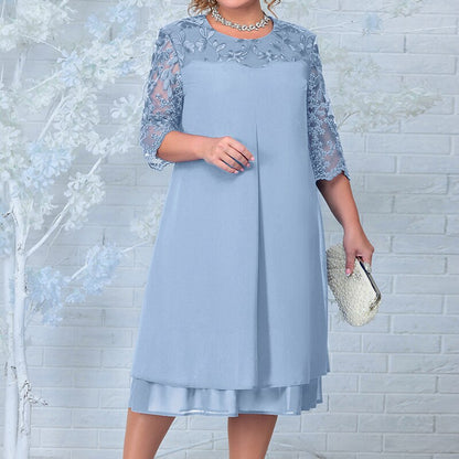 Women's Cocktail Dress - Layered A-Line - Sheer Embroidered Overlay - Mid Sleeve Elegant Fit