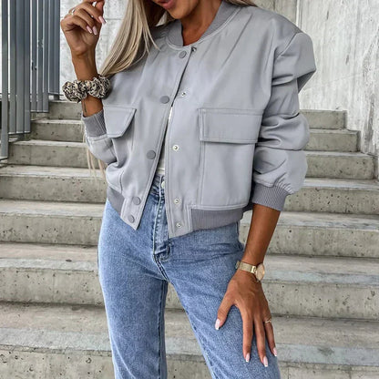 Women’s Bomber Jacket – Cropped Length – Relaxed Fit – Ribbed Trim – Snap Closure