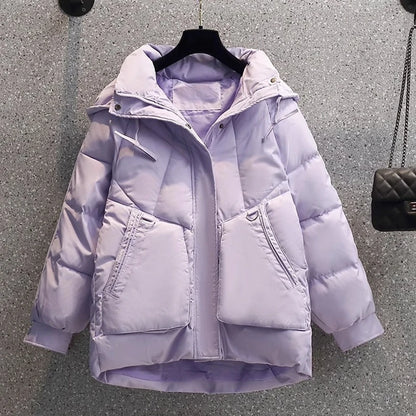 Women's Puffer Jacket - Oversized Quilted Warmth - Hooded High Collar - Zip Closure