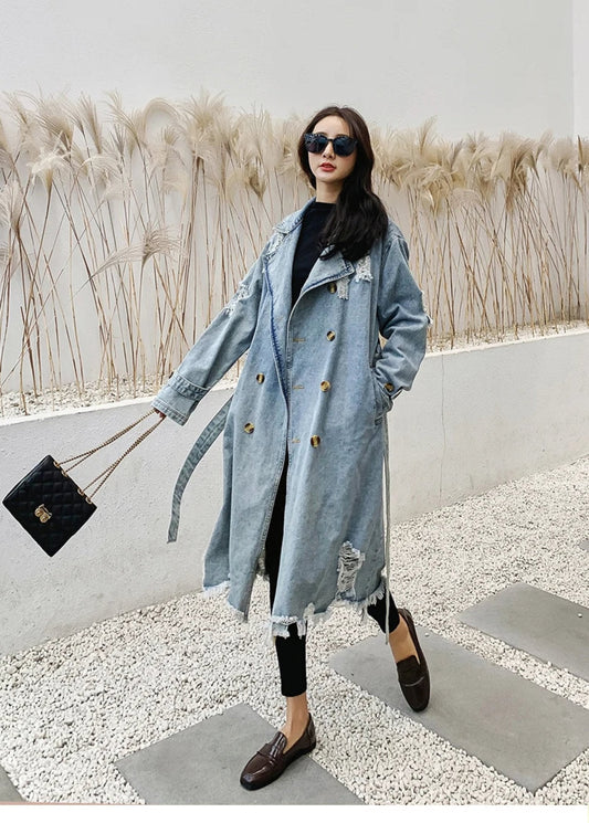 Retro Denim Windbreaker Over Knee Jacket