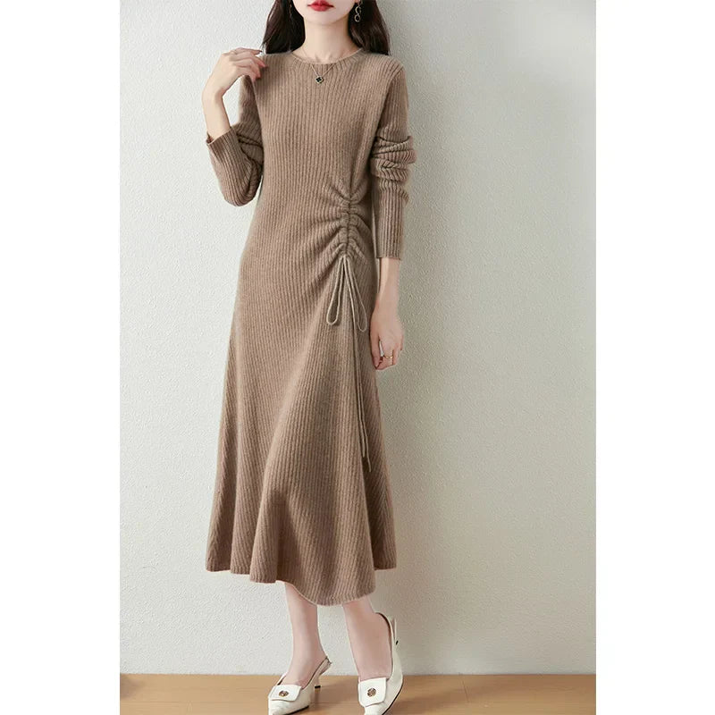 Women's waist slimming pleated long sleeve dress