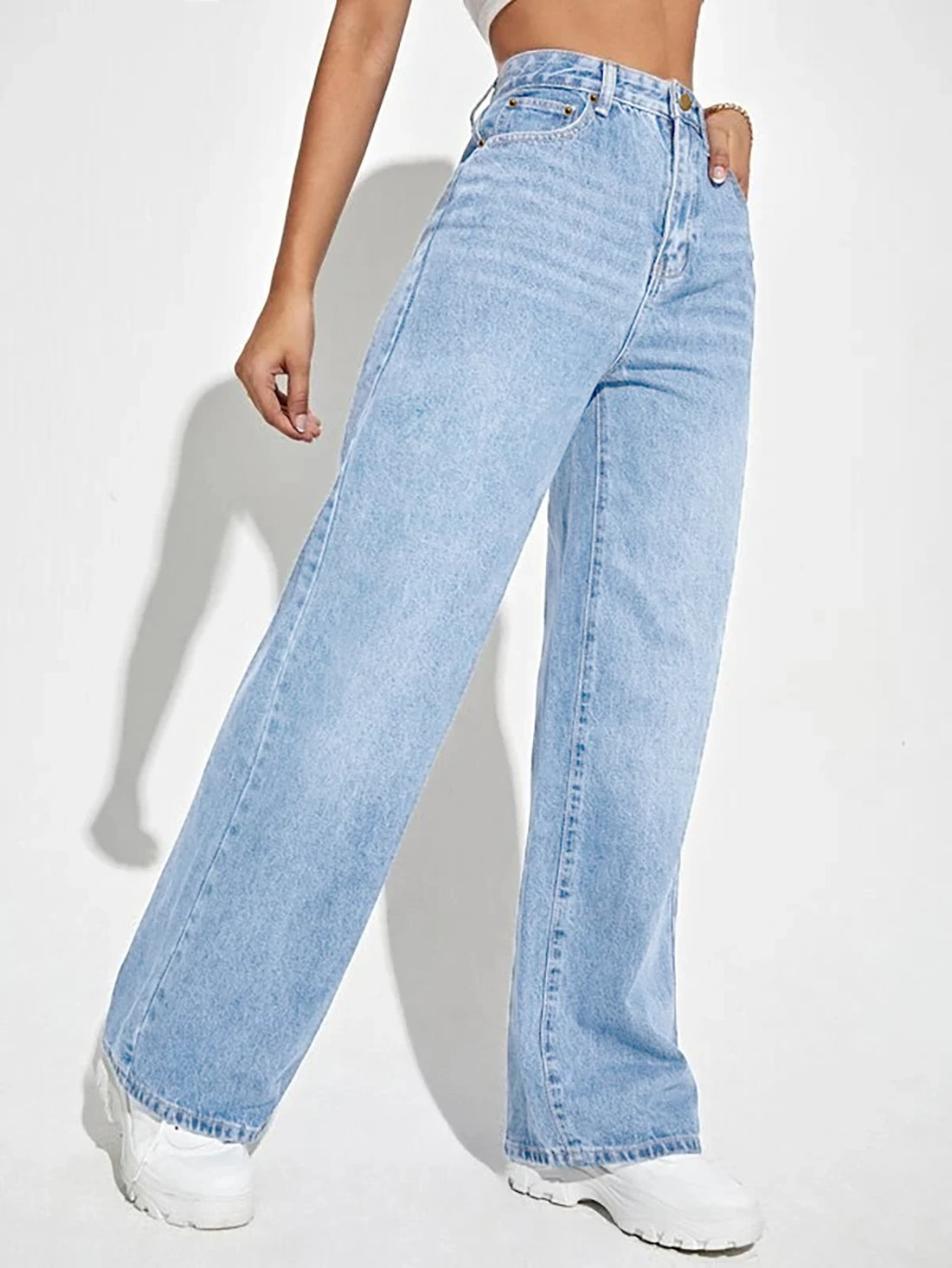 High waist slim straight denim trousers for women