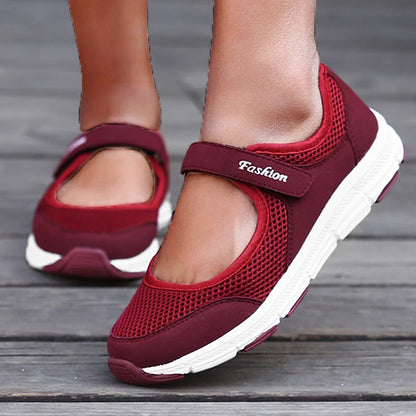 Women's Slip-On Flats - Breathable Mesh - Hook-and-Loop Strap - Lightweight Comfort