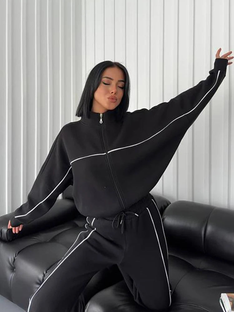 Women's winter zip turtleneck hoodie & lace-up sweatpants set