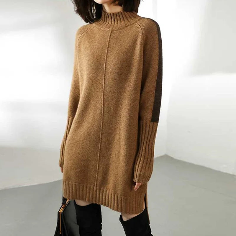 Women’s Sweater Dress - Wool Blend Knit - Oversized Fit - Ribbed Turtleneck Long Sleeve