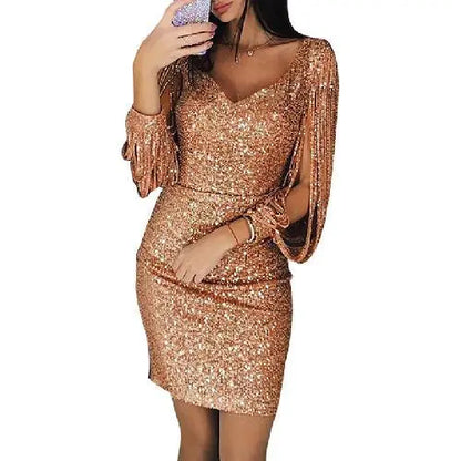 Women's Sequin Mini Dress - Scoop Neck - Draped Open Sleeves - Party Wear