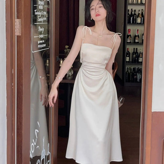 Satin Spaghetti Strap A-Line Midi Dress